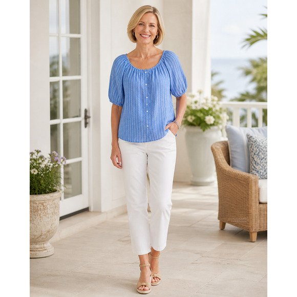 Talbots Tops - Talbots Womens 100% Linen Top Large Petite Striped Resortwear Lagom Coastal